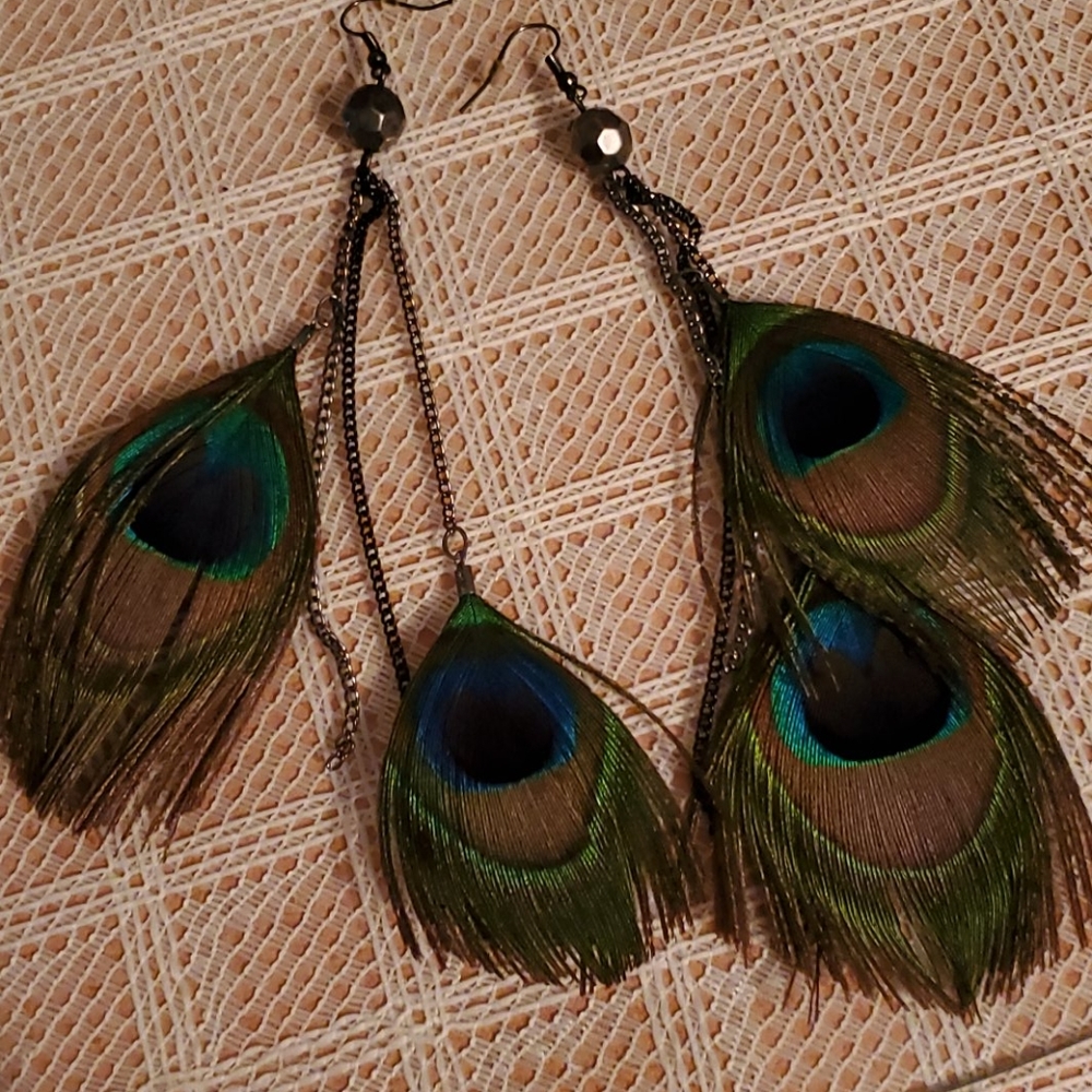 Handmade brown blue peacock feather earrings